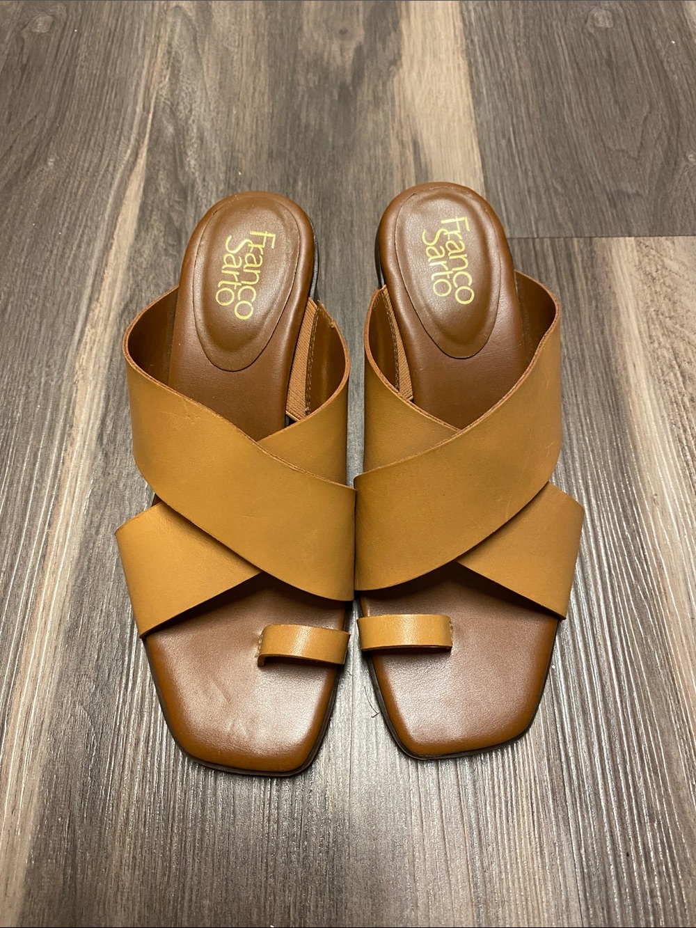 Franco Sarto Tan Leather Crisscross Mule Slides